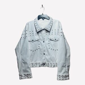 Glitzy Vegan White Leather Studded Women's Biker Jacket Sz 3XL